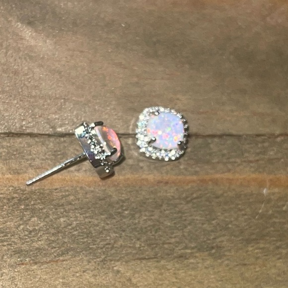 Simulated Fire Pink, Blue Opal, White Gold Plated, Cubic Zirconia Stud Earrings - Picture 11 of 12